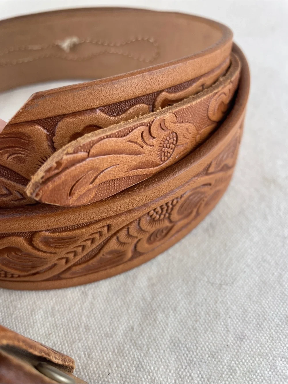 Tooled Leather Floral Belt in Cognac Brown
